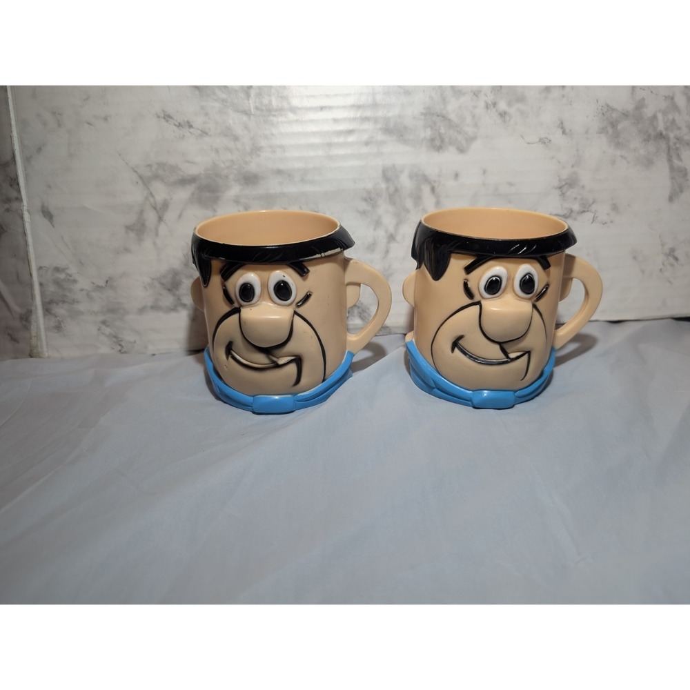 2x Vintage Fred Flintstone Plastic Mugs Cups Flintstones Vitamins 3.5"